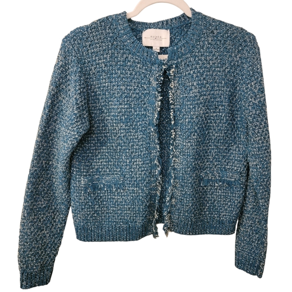 EUREKA by Christos Garkinos Tweed Knit Cardigan Sweater SM/M Blue White